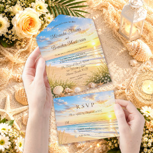 Invitation Tout En Un Élégant mariage de plage aux vagues bleues de l'oc