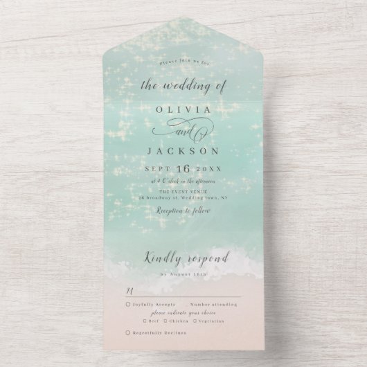 Invitation Tout En Un Élégant mariage de plage océanique pétillant abstr (À l'intérieur)