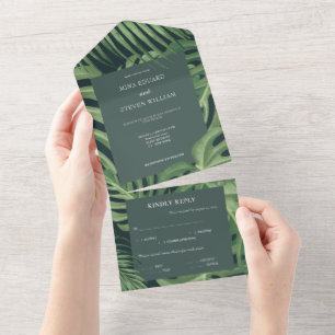 Invitation Tout En Un Elégant mariage de plage tropicale verte