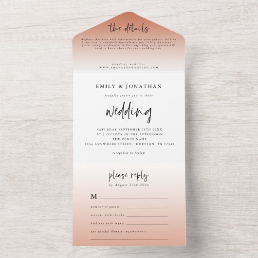 Invitation Tout En Un Élégant Mariage de script en terre cuite (À l'intérieur)