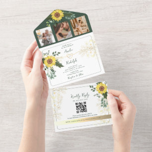 Invitation Tout En Un Élégant Mariage de Tournesols Botaniques Verts