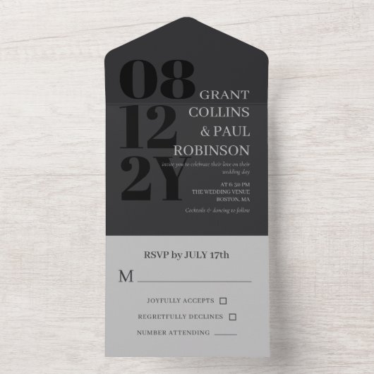 Invitation Tout En Un Élégant Mariage de typographie au charbon et gris (À l'intérieur)