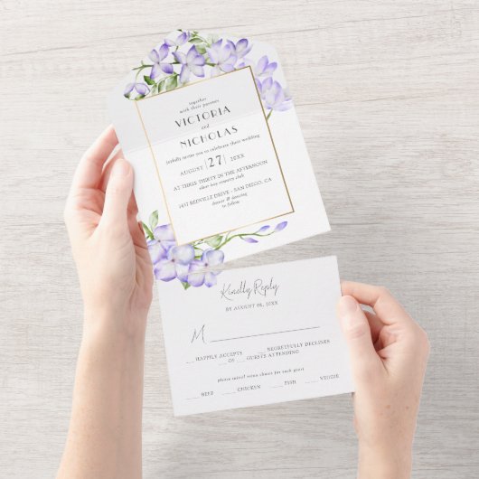 Invitation Tout En Un Élégant Mariage de Wisteria verte et violette (Déchirure)