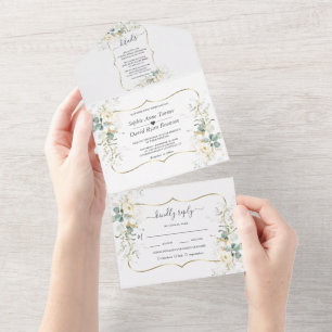 Invitation Tout En Un Élégant Mariage d'or Eucalyptus Floral Blanc