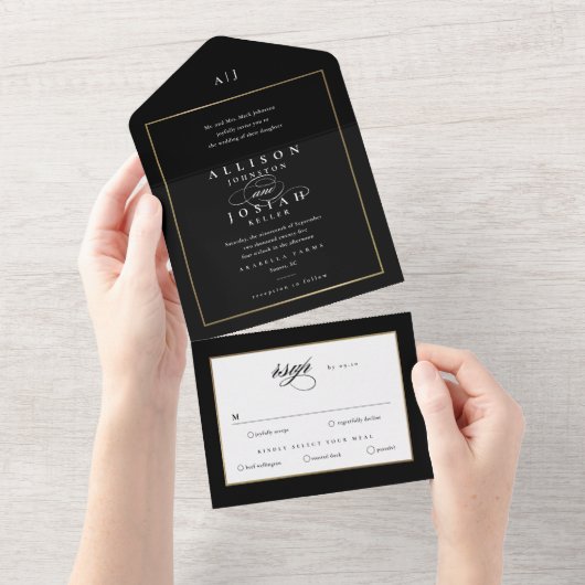 Invitation Tout En Un Élégant Mariage d'or Monogram (Déchirure)