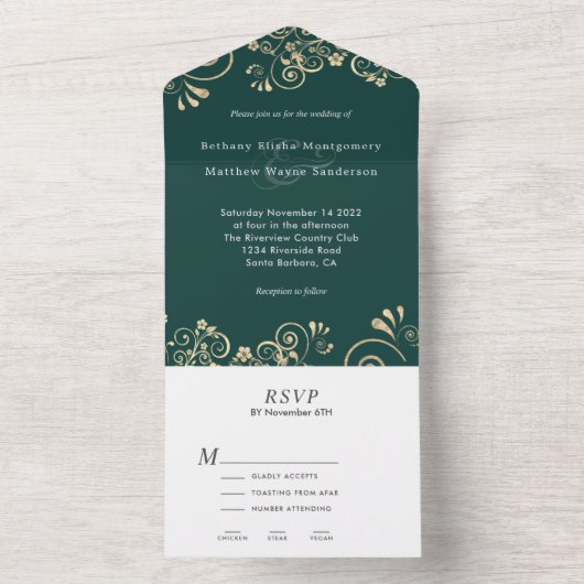 Invitation Tout En Un Élégant Mariage Emerald Green Gold (À l'intérieur)
