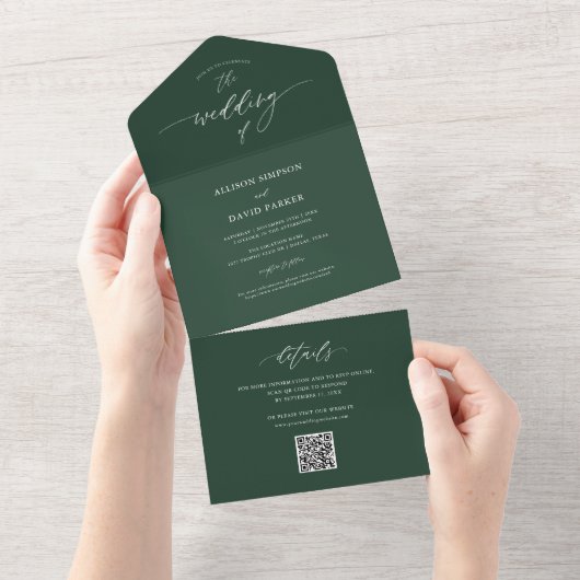 Invitation Tout En Un Élégant Mariage Emerald Green QR (Déchirure)