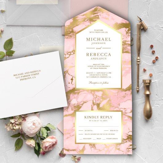 Invitation Tout En Un Élégant Mariage Faux Gold Foil en marbre rose clai