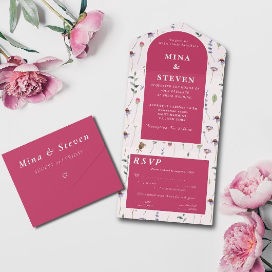 Invitation Tout En Un Élégant mariage fleur sauvage rose