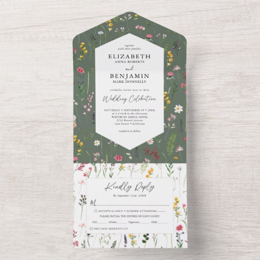 Invitation Tout En Un Élégant Mariage Fleur sauvage tout en un (À l'intérieur)