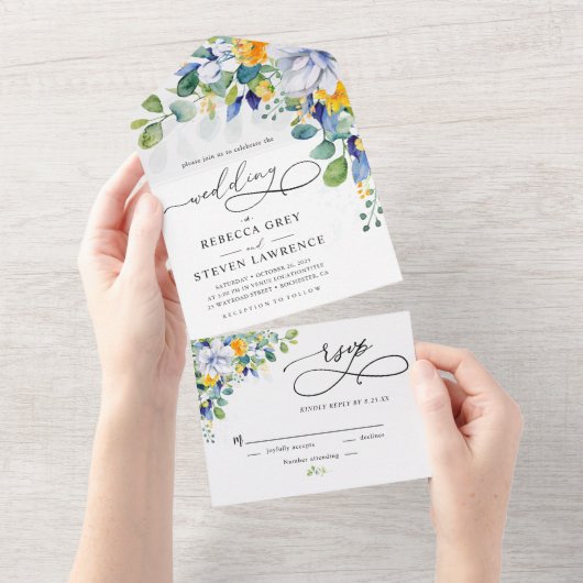 Invitation Tout En Un Élégant mariage fleuri jaune blanc (Déchirure)