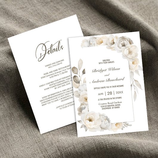 Invitation Tout en un élégant Mariage Floral Blanc