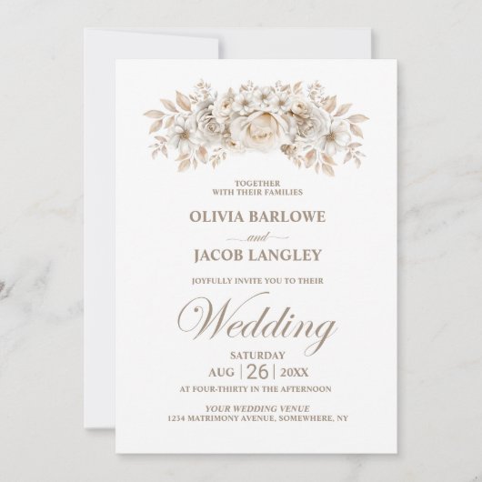 Invitation Tout en un Élégant Mariage Floral Blanc (Devant)