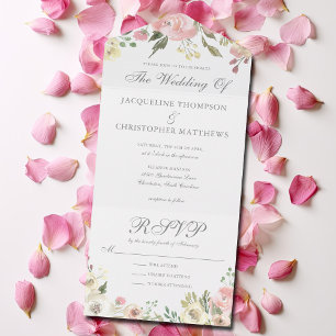 Invitation Tout En Un Élégant Mariage floral blanc rose ivoire Peony
