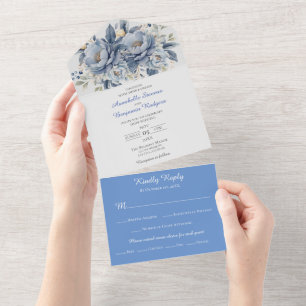 Invitation Tout En Un Élégant Mariage floral bleu blanc et gris