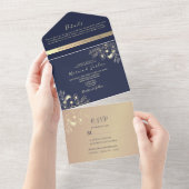 Invitation Tout En Un Elégant Mariage floral bleu marine et or (Déchirure)