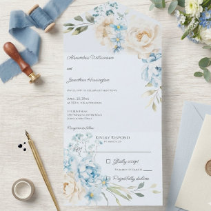 Invitation Tout En Un Élégant mariage floral bleu sur bleu doux