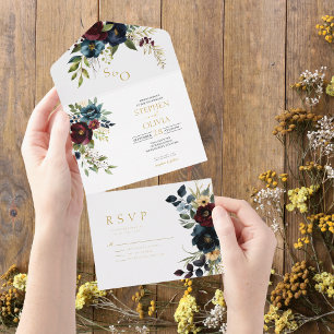 Invitation Tout En Un Élégant mariage floral bordeaux et verdure