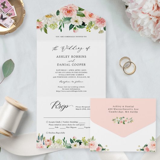 Invitation Tout En Un Élégant Mariage floral chic Blush (pas de VV néces