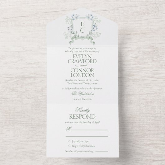 Invitation Tout En Un Élégant Mariage Floral Crest (À l'intérieur)