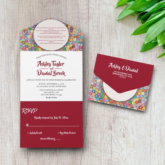 Invitation Tout En Un Élégant Mariage floral de Bourgogne