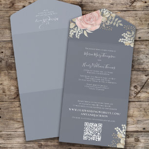 Invitation Tout En Un Élégant Mariage floral Dusty Blue