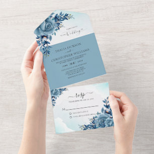 Invitation Tout En Un Élégant Mariage floral Dusty Blue