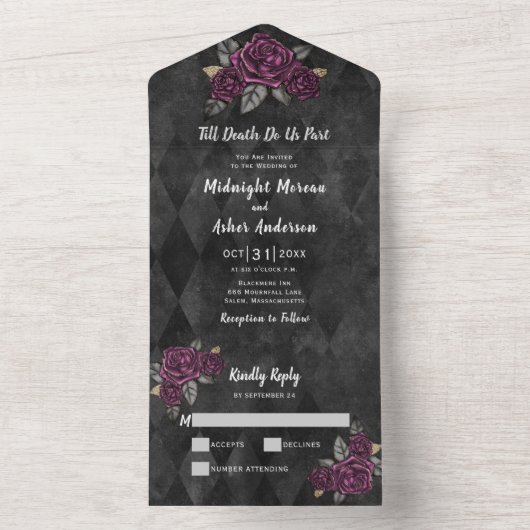 Invitation Tout En Un Élégant Mariage floral gothique (À l'intérieur)
