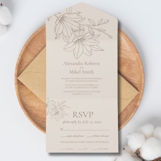 Invitation Tout En Un Élégant Mariage floral moderne Beige Lineart