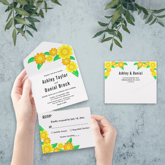 Invitation Tout En Un Élégant Mariage floral rustique tournesol été