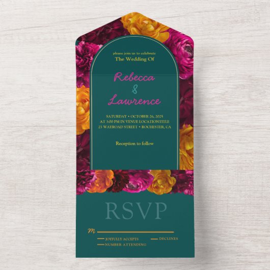 Invitation Tout En Un Élégant mariage floral vert vif rose chaud (À l'intérieur)