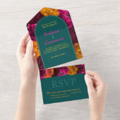 Invitation Tout En Un Élégant mariage floral vert vif rose chaud (Déchirure)