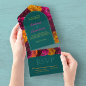 Invitation Tout En Un Élégant mariage floral vert vif rose chaud
