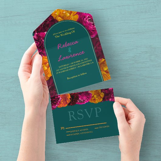 Invitation Tout En Un Élégant mariage floral vert vif rose chaud