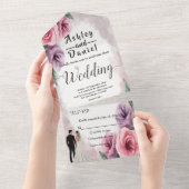 Invitation Tout En Un Elégant Mariage floral violet Dusty (Déchirure)