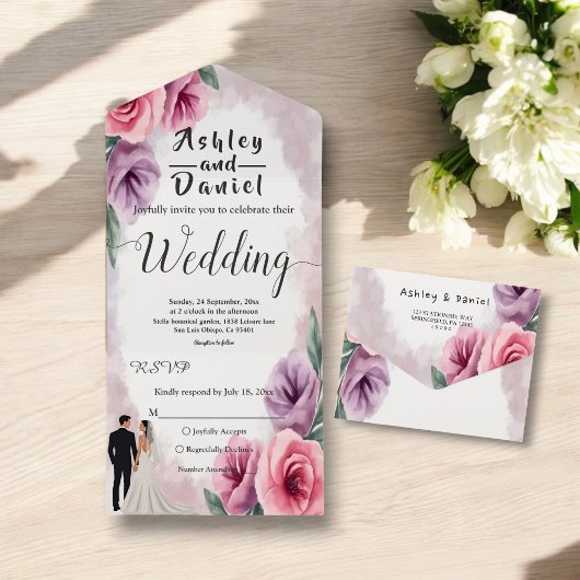 Invitation Tout En Un Elégant Mariage floral violet Dusty