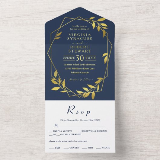 Invitation Tout En Un Élégant Mariage géométrique moderne Royal Blue Nav (À l'intérieur)