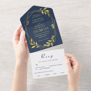 Invitation Tout En Un Élégant Mariage géométrique moderne Royal Blue Nav