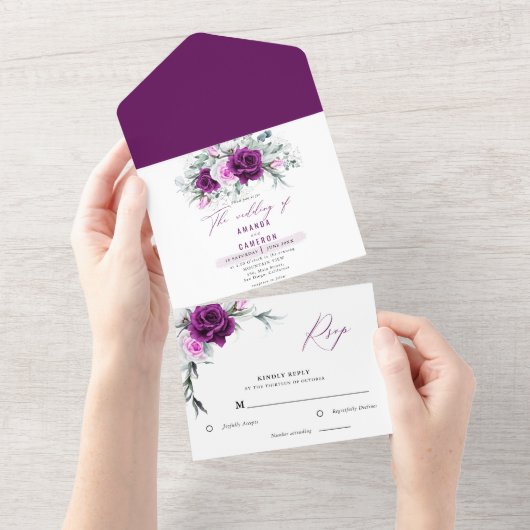 Invitation Tout En Un Élégant Mariage géométrique violet rustique (Déchirure)