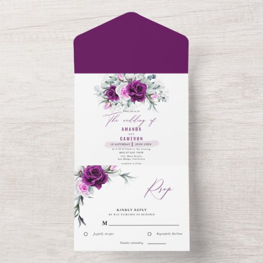 Invitation Tout En Un Élégant Mariage géométrique violet rustique (À l'intérieur)