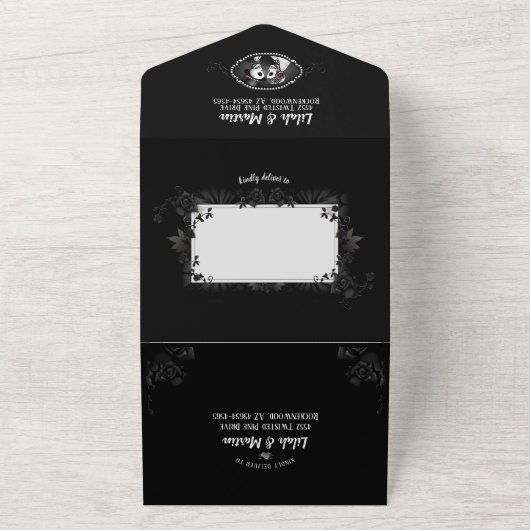 Invitation Tout En Un Elégant Mariage gothique Skeletons noir & blanc (Dehors)