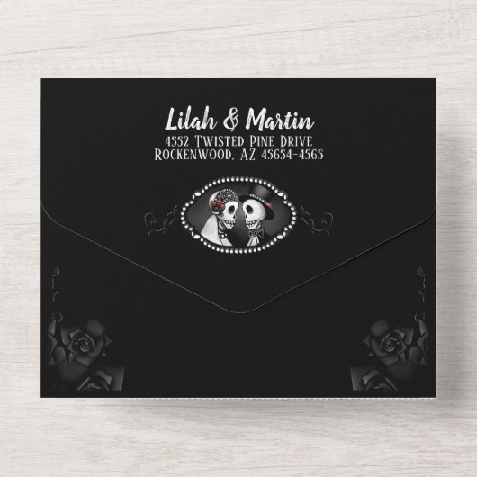 Invitation Tout En Un Elégant Mariage gothique Skeletons noir & blanc (Verso)