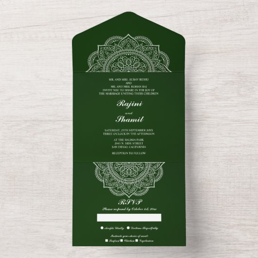 Invitation Tout En Un Élégant Mariage indien vert (pas d'Env nécessaire) (À l'intérieur)