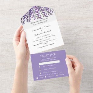 Invitation Tout En Un Elégant Mariage Lilac violet Wisteria Aquarelle