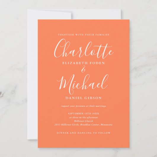 Invitation Tout En Un Élégant Mariage Moderne Corail Script (Devant)