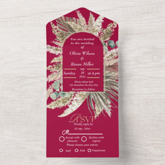 Invitation Tout En Un Élégant mariage moderne Magenta boho (À l'intérieur)