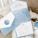 Invitation Tout En Un Élégant Mariage Monogramme Aquarelle Bleue Tout En<br><div class="desc">Élégant tout-en-un tri-plié avec carte postale RSVP perforée. Conception avec des détails d'aquarelle de teintes bleues exquises et un délicat monogramme botanique dessiné à la main avec initiales de couple. Eléments calligraphiques écrits à la main modernes. Respectueux de l'environnement, puisqu'il n'est pas nécessaire d'insérer des cartes supplémentaires, des cartes RSVP...</div>