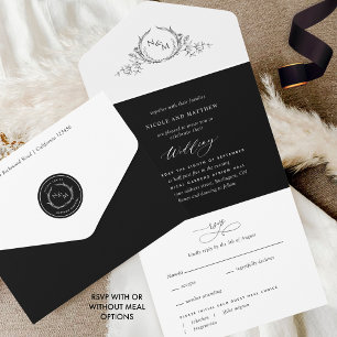 Invitation Tout En Un Élégant Mariage Monogramme noir et blanc avec RSVP
