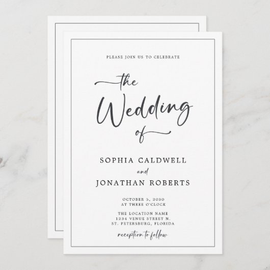 Invitation Tout en un Élégant Mariage noir et blanc (Devant / Derrière)