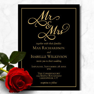 Invitation Tout en un Élégant Mariage noir et or